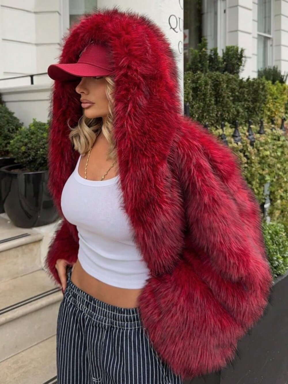 Burgundy Elegant Women's Chic Long Sleeve Faux Fur Coat